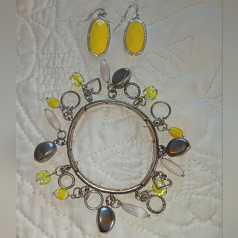 Vintage-Inspired Yellow and Silver Tone Earrings & Beaded Bracelet Set